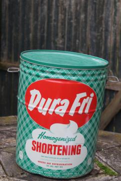 big vintage red green plaid print tin bucket, metal can shortening advertising