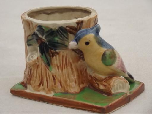 bird on a tree figural pottery planter, vintage Japan china flower pot 