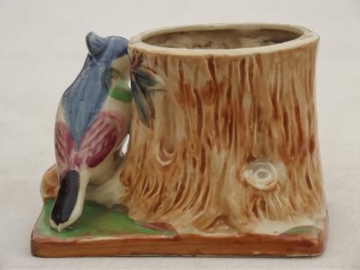bird on a tree figural pottery planter, vintage Japan china flower pot 