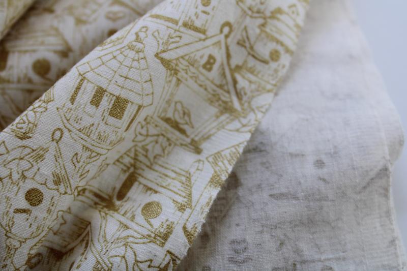 birdhouses print cotton fabric, farmhouse style neutral colors greige & cream