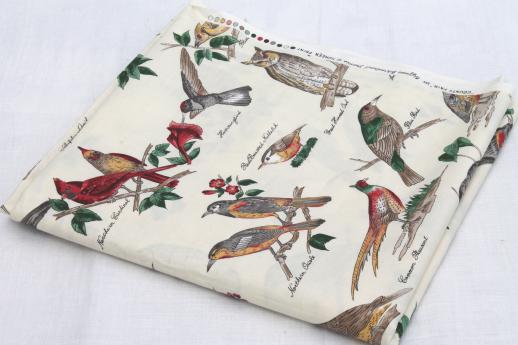 birds in nature print fabric, labeled birds natural history illustrations Audubon style