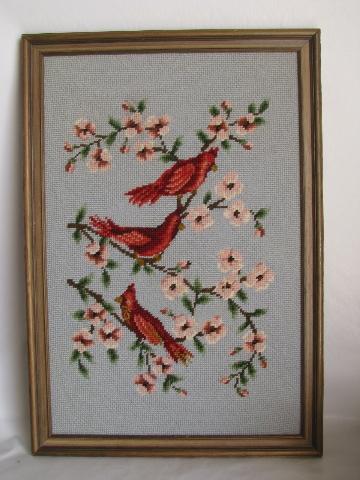 birds on flowering branch, 1950s vintage framed needlepoint picture