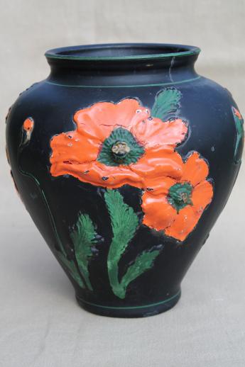 black amethyst glass vase w/ painted poppies, 1930s vintage Tiffin glass poppy vase