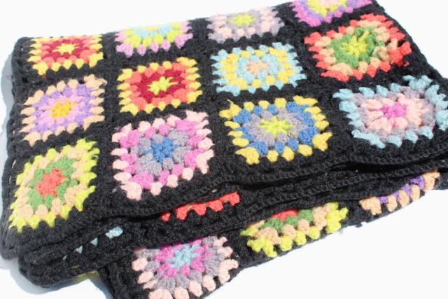 black w/ bright colors granny squares, vintage crochet wool afghan blanket