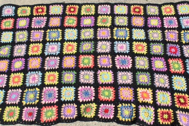 black w/ bright colors granny squares, vintage crochet wool afghan blanket