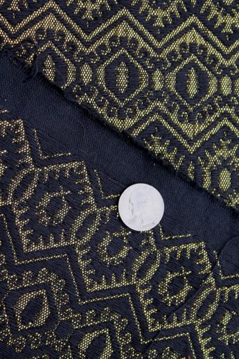 black & metallic gold runner cloth, vintage handwoven fabric 34w x 3 yards