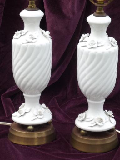 blanc de chine urns w/ white roses pair of 1950s vintage table lamps