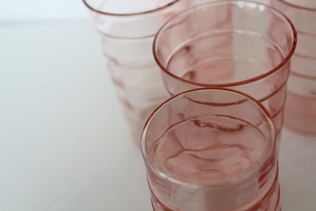 block optic pink depression glass tumblers, 1930s vintage Anchor Hocking glassware