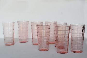block optic pink depression glass tumblers, 1930s vintage Anchor Hocking glassware