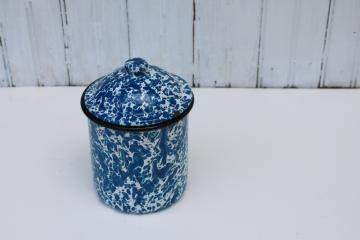 blue and white spatter splatterware enamel metal canister w/ lid, small storage can