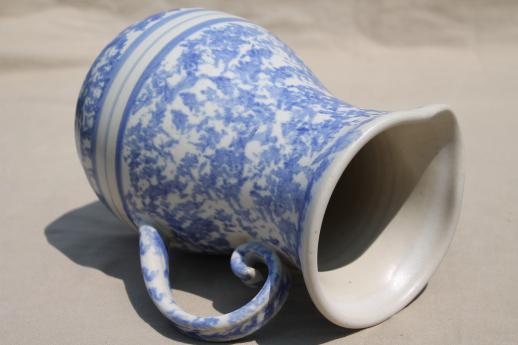 blue banded spongeware pottery, large stoneware milk pitcher signed Gregoire