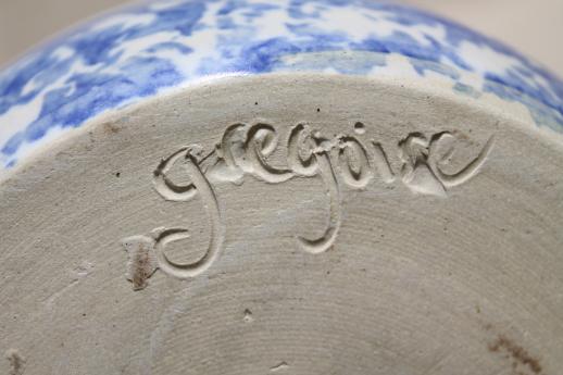 blue banded spongeware pottery, large stoneware milk pitcher signed Gregoire