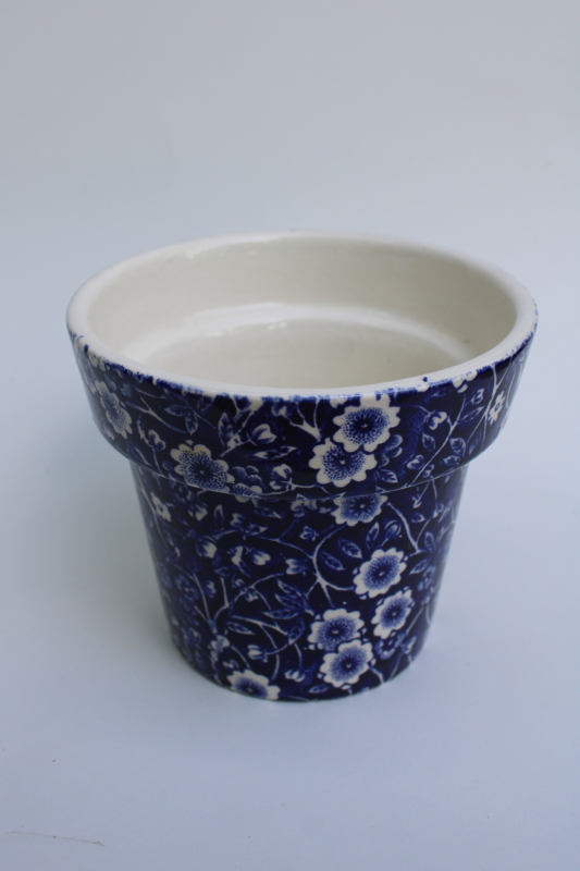 blue calico chintz print Staffordshire china, flower pot planter vintage England
