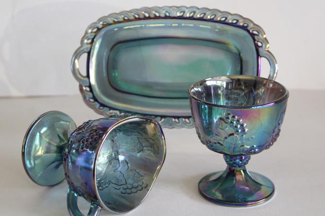 blue carnival glass cream pitcher, sugar bowl, tray - vintage grapes pattern Indiana glass
