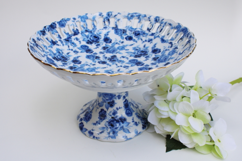 blue floral print chintz china compote lace edge bowl dessert pedestal stand