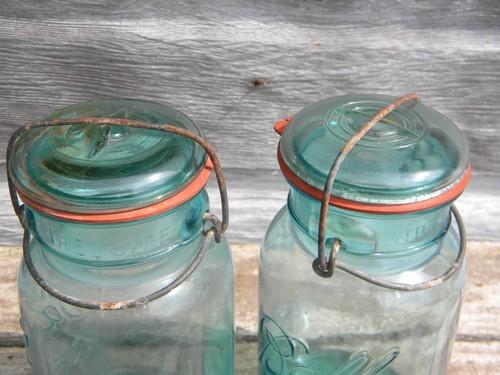 blue glass Ball Ideal storage jars or canisters lightening lids and 1908 patent