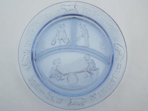 blue glass child's plate, divided dish w/ See-Saw Margery Daw nursery rhyme
