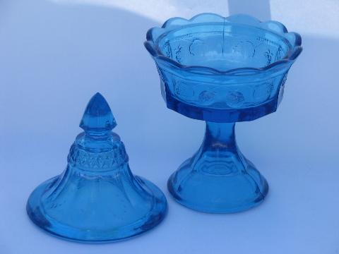 blue glass w/ strawberry pattern, vintage Tiara / Indiana covered candy dish