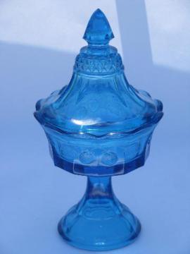 blue glass w/ strawberry pattern, vintage Tiara / Indiana covered candy dish