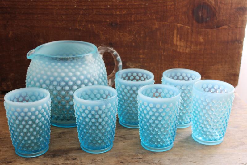 blue opalescent hobnail glass pitcher & tumblers, vintage Fenton lemonade set