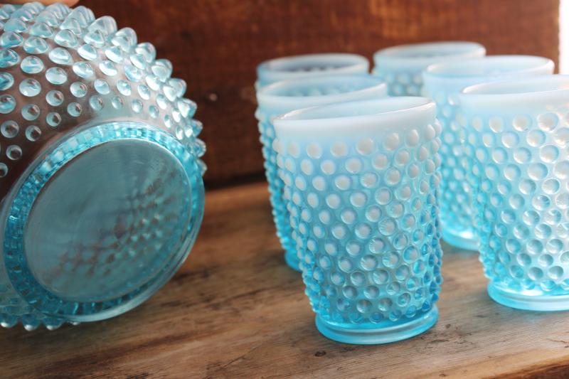 blue opalescent hobnail glass pitcher & tumblers, vintage Fenton lemonade set