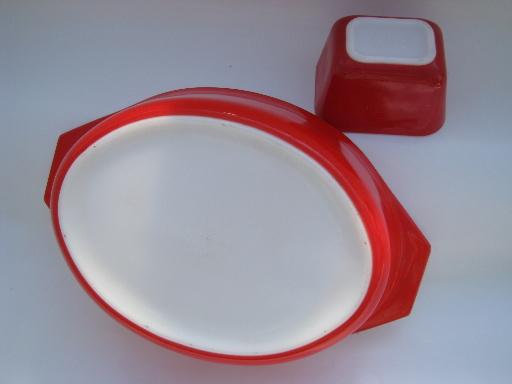 blue, red, yellow vintage Pyrex kitchen glass lot, bowls, baking dishes