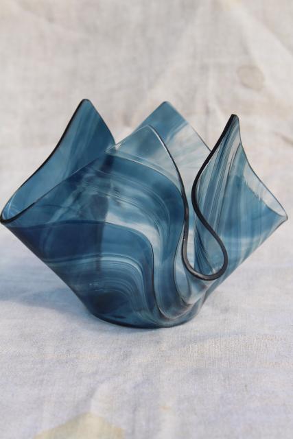 blue slag glass handkerchief vase or bowl, mod vintage folded square bent formed glass