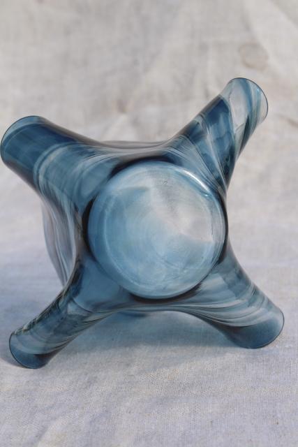 blue slag glass handkerchief vase or bowl, mod vintage folded square bent formed glass