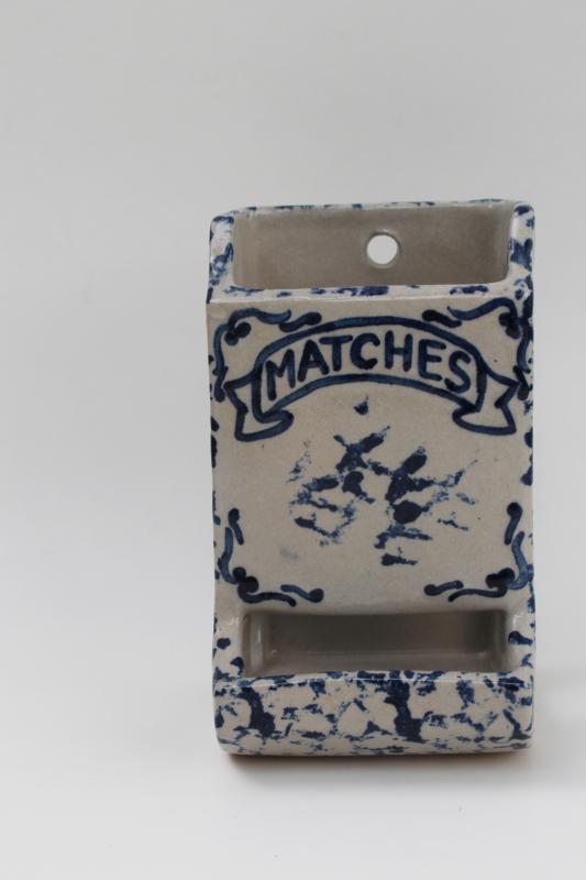 blue spongeware stoneware pottery wall box Matches, vintage match safe