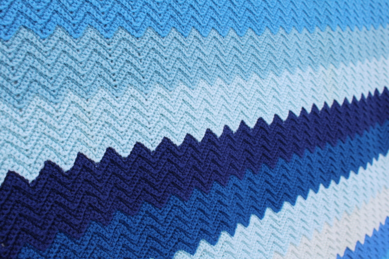 blue waves ripple crochet striped afghan, vintage crocheted wool blanket