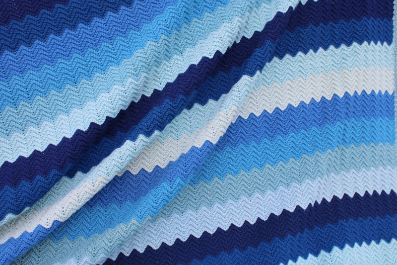 blue waves ripple crochet striped afghan, vintage crocheted wool blanket