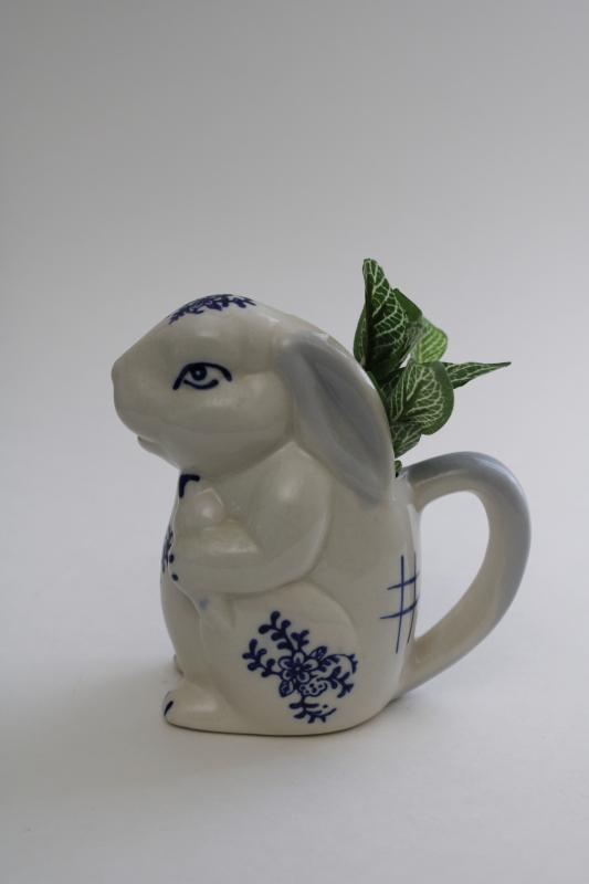 blue & white china bunny rabbit creamer, small cream pitcher 1980s 90s vintage