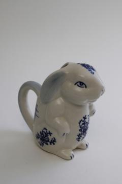 blue & white china bunny rabbit creamer, small cream pitcher 1980s 90s vintage