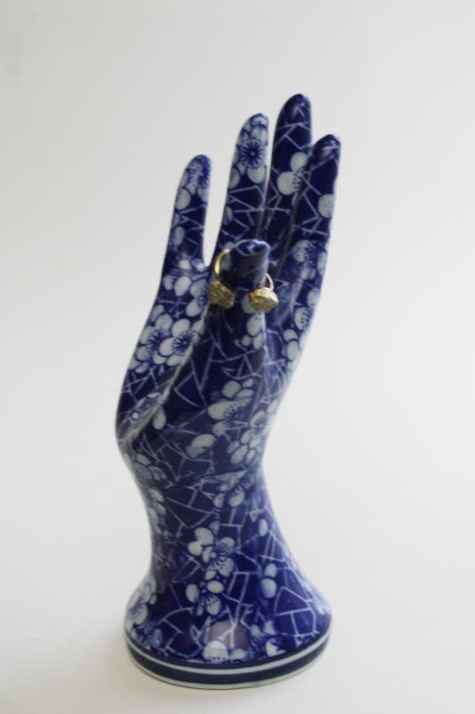 blue & white chintz china hand, vintage jewelry holder model mannequin display 