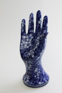 blue & white chintz china hand, vintage jewelry holder model mannequin display 