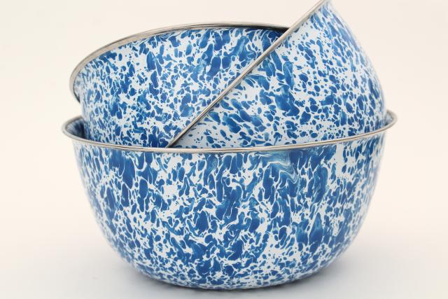 blue & white enamelware bowl set nesting mixing bowls, spatter ware swirl enamel