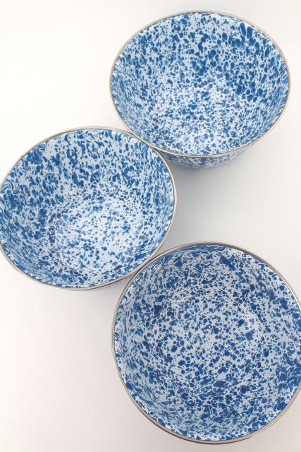 blue & white enamelware bowl set nesting mixing bowls, spatter ware swirl enamel