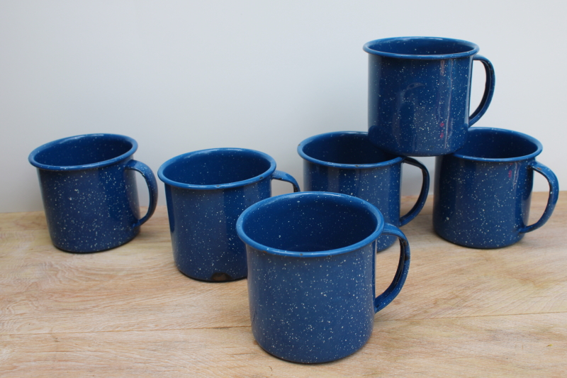 blue white enamelware camp cups, big mugs for soup or coffee, vintage graniteware