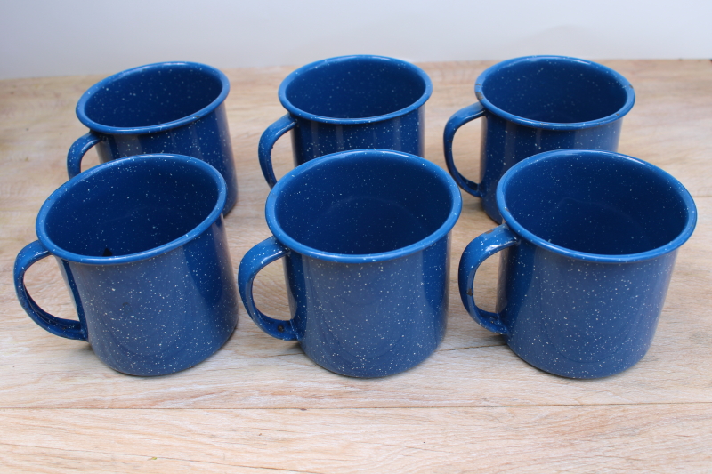 blue white enamelware camp cups, big mugs for soup or coffee, vintage graniteware