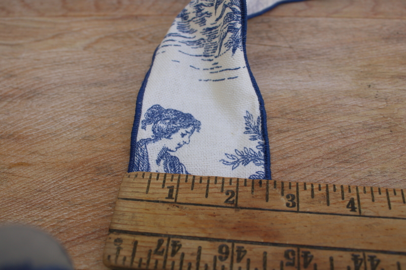 blue  white toile print wired ribbon linen weave, french country vintage 90s 2000s