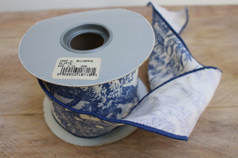 blue  white toile print wired ribbon linen weave, french country vintage 90s 2000s