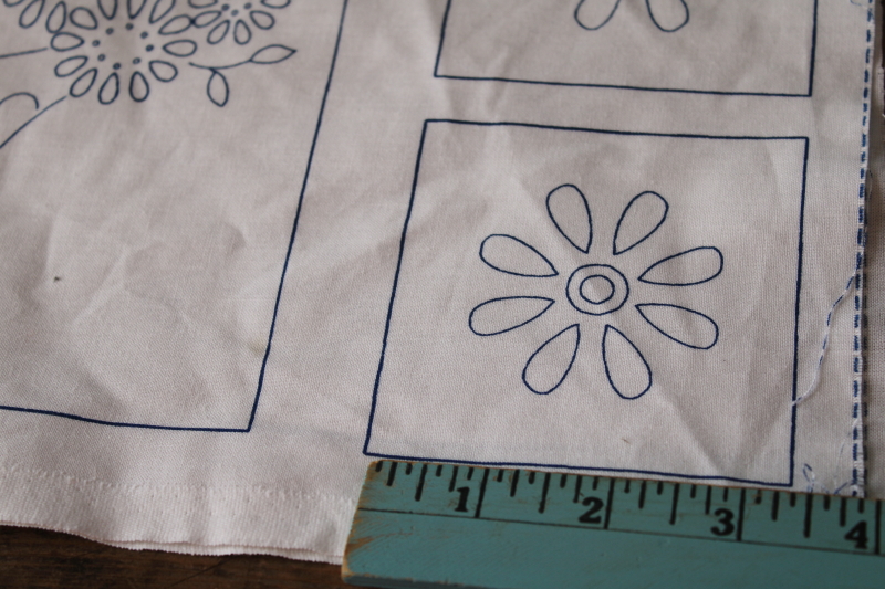 bluework embroidery blue  white print, vintage cotton fabric w/ printed quilt blocks