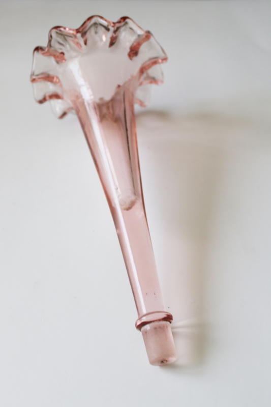 blush pink crimped glass flower vase, epergne horn vintage depression glass?