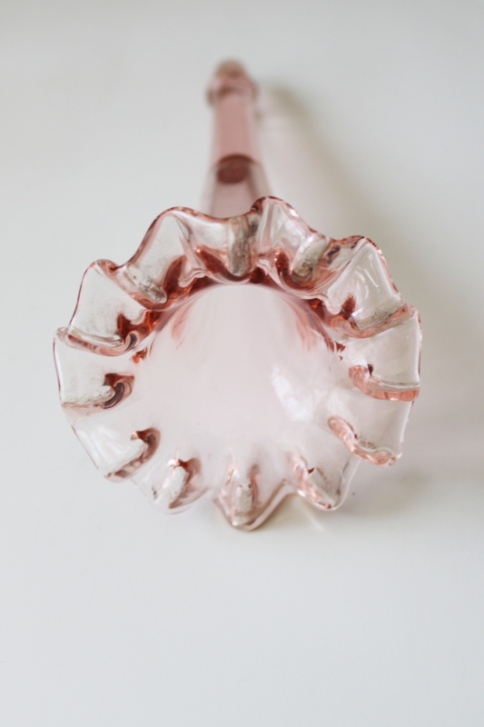 blush pink crimped glass flower vase, epergne horn vintage depression glass?