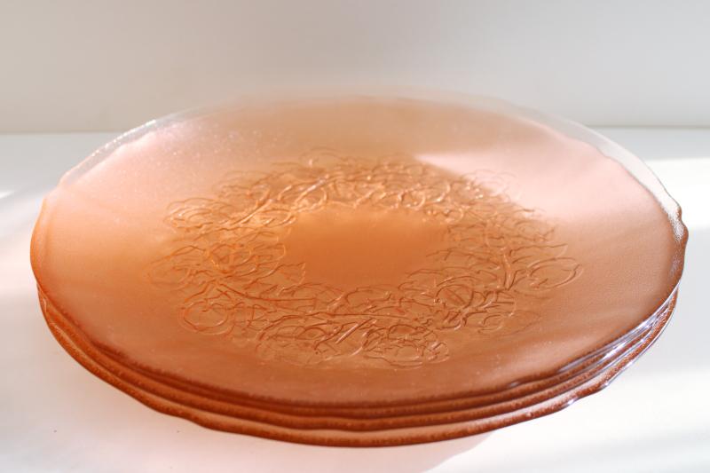 blush pink vintage Arcoroc France glass dinner plates Rosa Rosaline floral