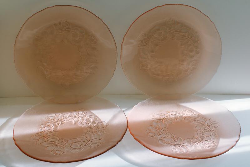 blush pink vintage Arcoroc France glass dinner plates Rosa Rosaline floral