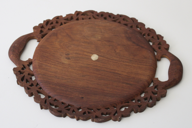 bohemian hippie vintage carved wood tray from India, round plate w/ lacy carving