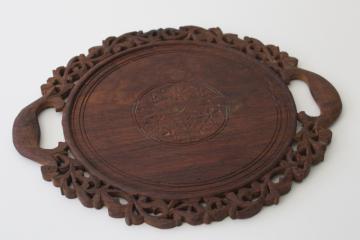bohemian hippie vintage carved wood tray from India, round plate w/ lacy carving