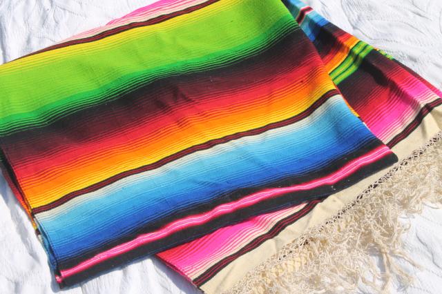 bohemian style vintage Mexican Indian blanket rug w/ crazy bright colored stripes