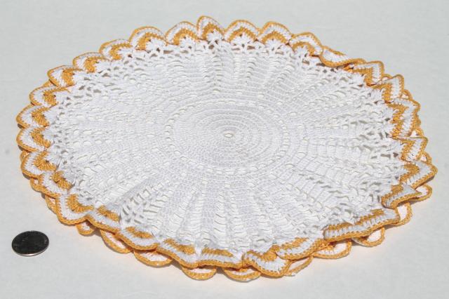 bohemian vintage crochet lace doilies, funky retro colored thread crocheted doily lot